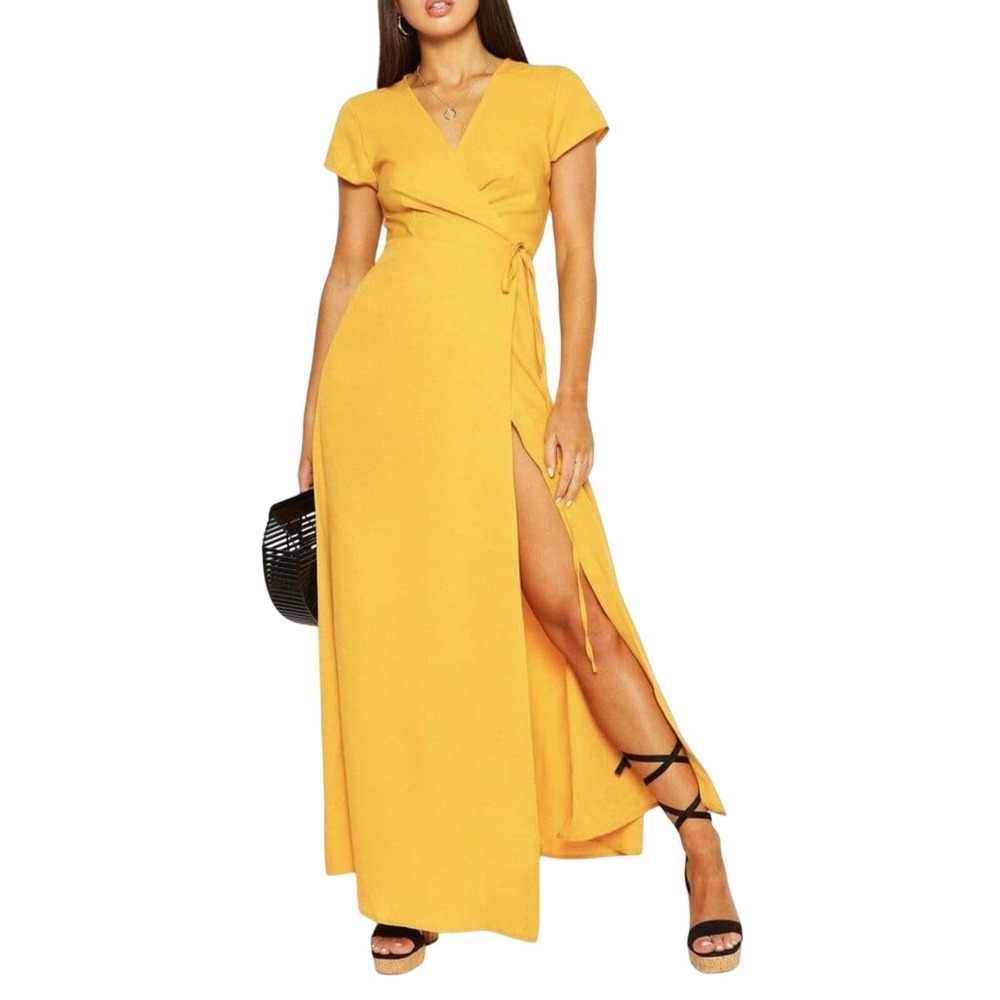 Boohoo Yellow Wrap Maxi Dress Short Sleeve High Slit Size US 8